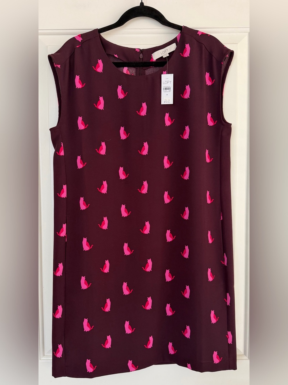 LOFT Novelty Hot Pink Cat Print Shift Burgundy/Maroon Sleeveless Dress